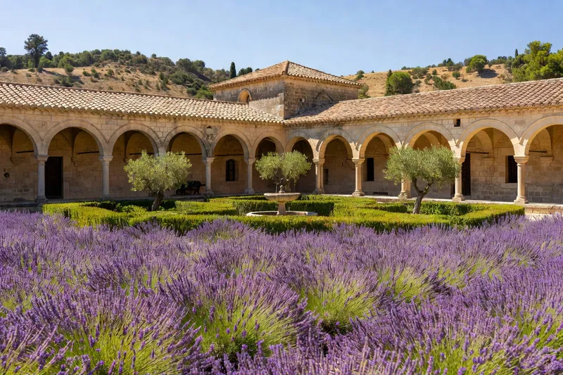 Cloître de Sénanque avec champ de lavande en floraison en juillet, abbaye cistercienne du Vaucluse