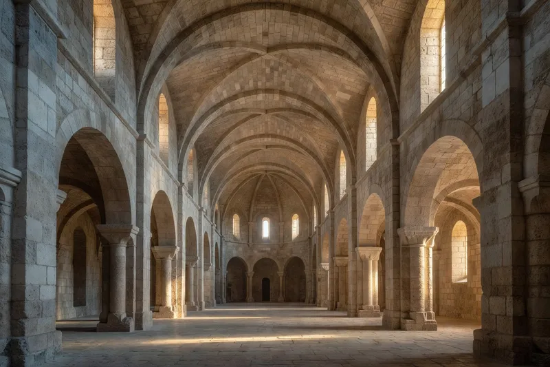 Intérieur de l'abbatiale du Thoronet, voûtes en berceau brisé, lumière dorée du soir sur les pierres calcaires