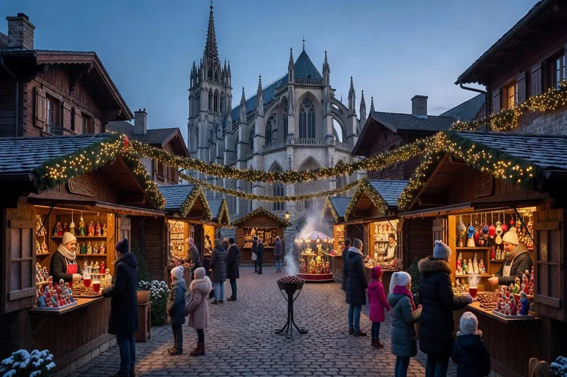 Reconstitution de fête médiévale animée sur la place d'une ville fortifiée française