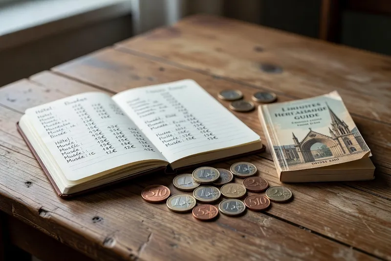 Carnet de voyage, pièces d'euros et petit guide touristique sur une table en bois, préparation d'un budget de tour patrimonial