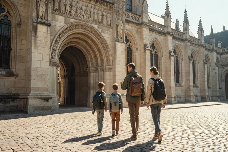 Famille avec sacs à dos marchant vers l'entrée d'un monument historique français par une journée ensoleillée