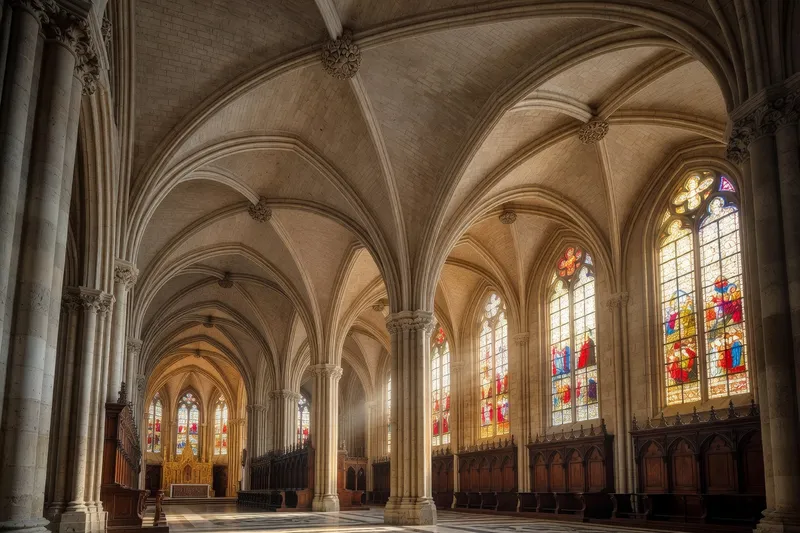 Voûtes en croisée d'ogives de la cathédrale de Reims, perspective vers le chœur, lumière dorée