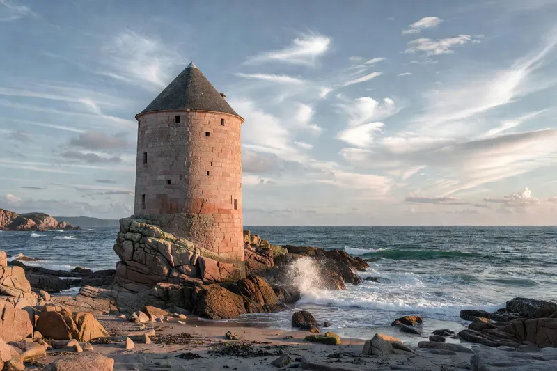 Tour Vauban de Camaret-sur-Mer en granit rose, bord d'Atlantique, ciel breton lumineux