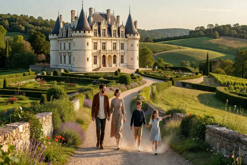 Famille se promenant devant un château de la Loire au coucher du soleil