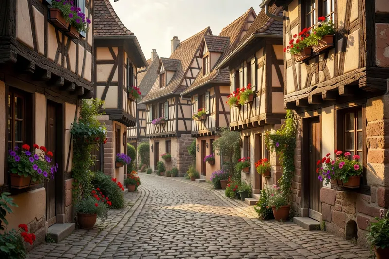 Ruelle pavée à colombages typique d'un village classé du Périgord ou d'Alsace