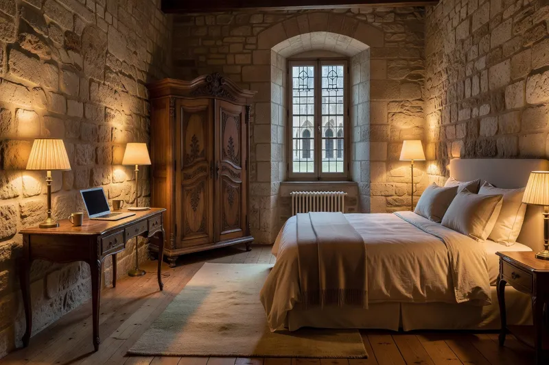 Chambre rénovée dans une abbaye française reconvertie en hôtel de charme, pierres apparentes et mobilier ancien