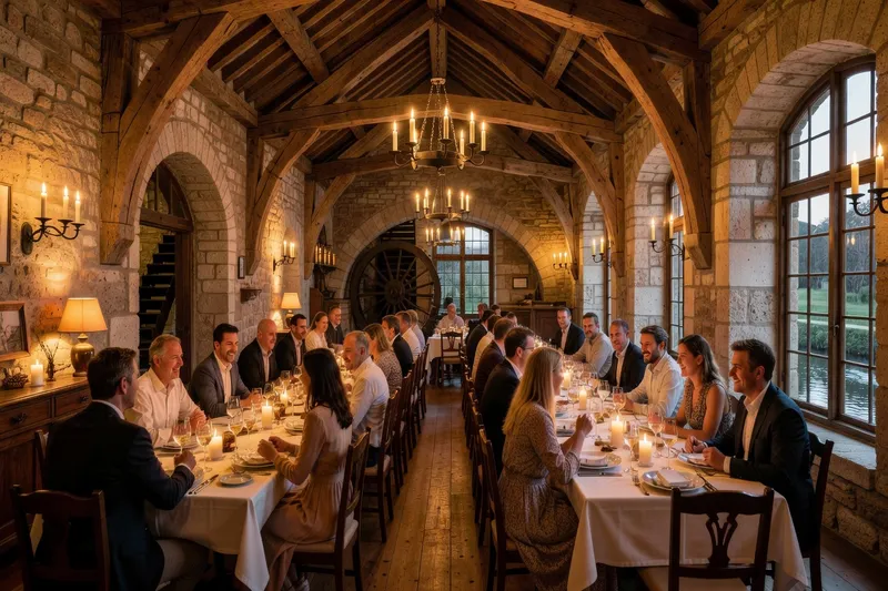 Dîner aux chandelles dans la salle voûtée d'un moulin français restauré en auberge de charme