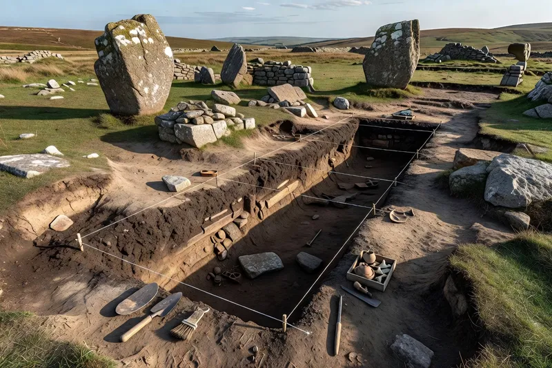 Chantier de fouille archéologique en extérieur avec tranchée délimitée par des cordeaux sur un site mégalithique