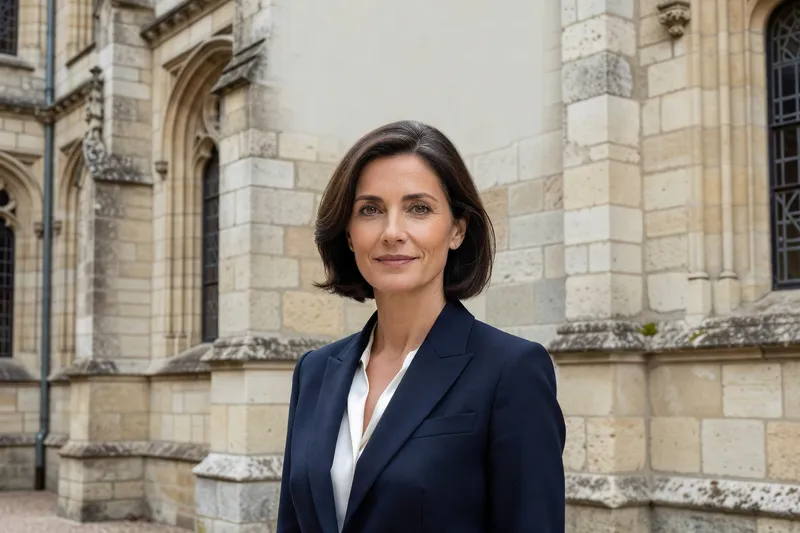Portrait d'Isabelle Fontenay, architecte du patrimoine, devant une façade de monument historique