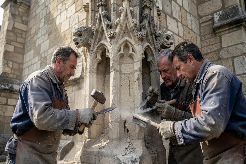 Tailleurs de pierre restaurant des sculptures gothiques sur la façade d'un monument historique français