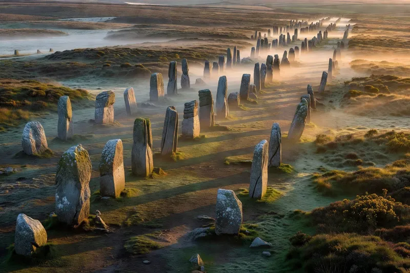 Alignements de menhirs de Carnac au lever du soleil, brume légère sur la lande bretonne