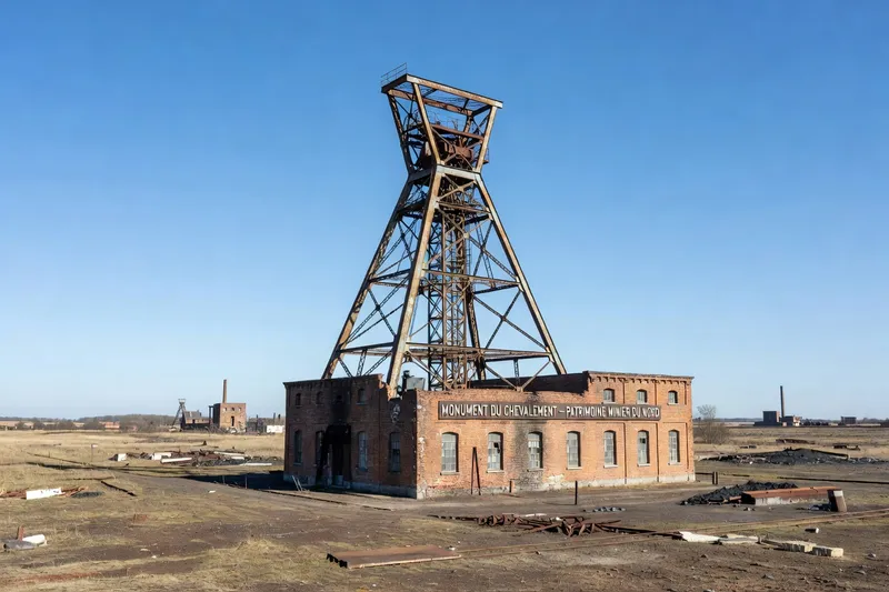 Chevalement de mine reconverti en monument, ciel bleu, friche industrielle du Nord-Pas-de-Calais