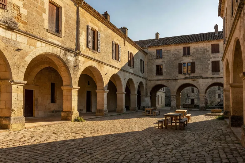 Place à couverts d'une bastide médiévale du Périgord, arcades en pierre dorées, fin d'après-midi