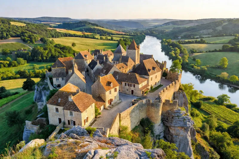 Vue panoramique du village de Domme perché sur la barre rocheuse dominant la vallée de la Dordogne