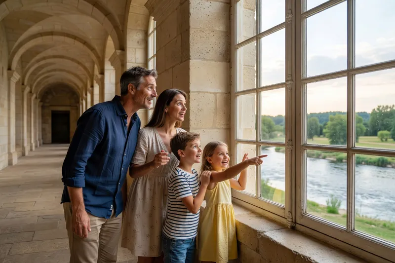 Famille avec deux enfants devant la galerie sur le Cher du château de Chenonceau
