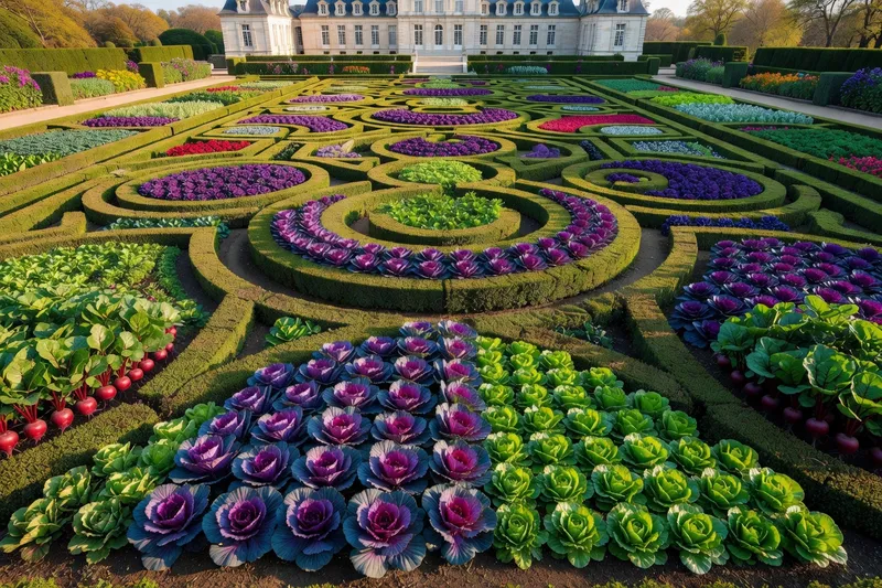 Détail des jardins à la française de Villandry au printemps, parterres géométriques de choux pourpres et salades vertes