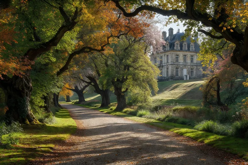 Détail d'un jardin à l'anglaise avec allée ombragée et parc arboré autour d'un château