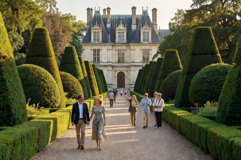 Visiteurs se promenant dans une allée de topiaires taillées devant un château