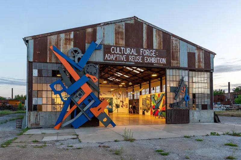 Friche industrielle reconvertie en espace culturel, halle metallique, art contemporain dans une ancienne usine