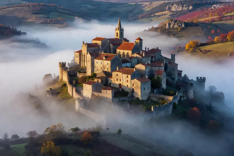 Cordes-sur-Ciel perchée au-dessus de la brume matinale, bastide tarnaise du XIIIe siècle
