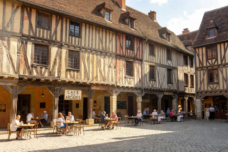 Place a couverts arcades de Mirepoix, terrasses cafe sous les colombages medievaux