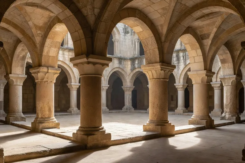 Cloître de l'abbaye de Sénanque vu depuis la galerie nord, chapiteaux nus et arcades en plein cintre