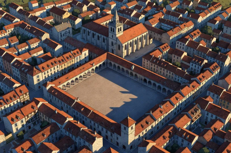 Vue aérienne de Monpazier en lumière rasante : damier des îlots, place centrale à cornières, église Saint-Dominique en retrait