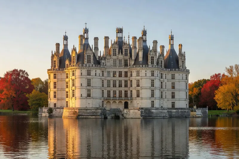 Chambord vu depuis les douves, façade nord, lumière d'automne sur le tuffeau