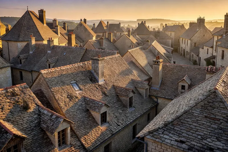Toits de lauzes calcaires de Sarlat sous la lumière dorée du soir, vue depuis le clocher Sainte-Marie