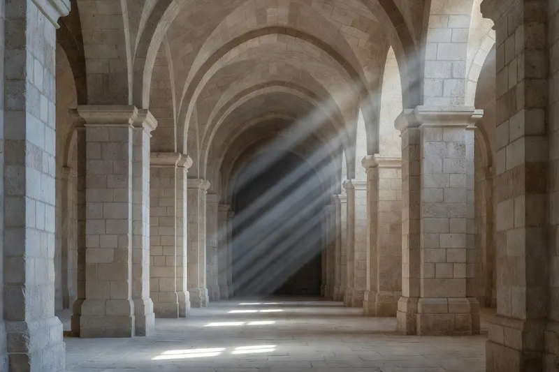 Église abbatiale du Thoronet vue depuis le bas-côté nord, lumière transversale dans la nef