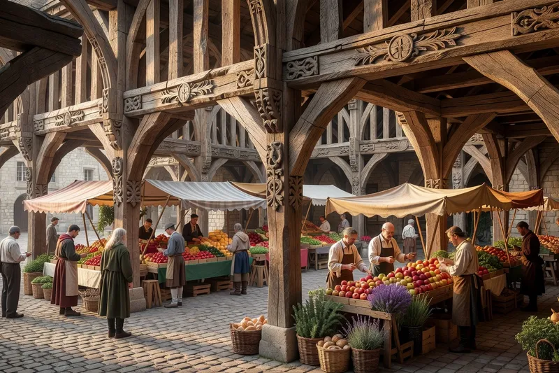 Place à cornières de Mirepoix sous le marché du matin, charpente médiévale aux poutres sculptées