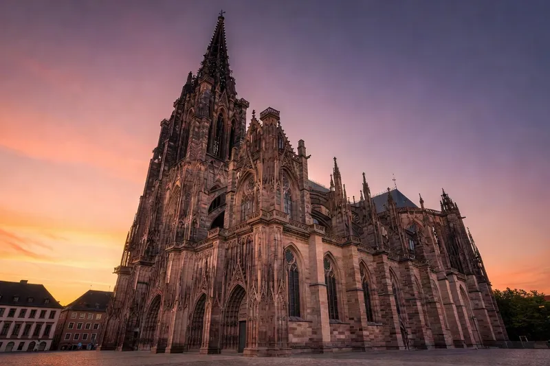 Façade ouest de la cathédrale de Strasbourg en grès rose au coucher du soleil, flèche unique se découpant sur le ciel