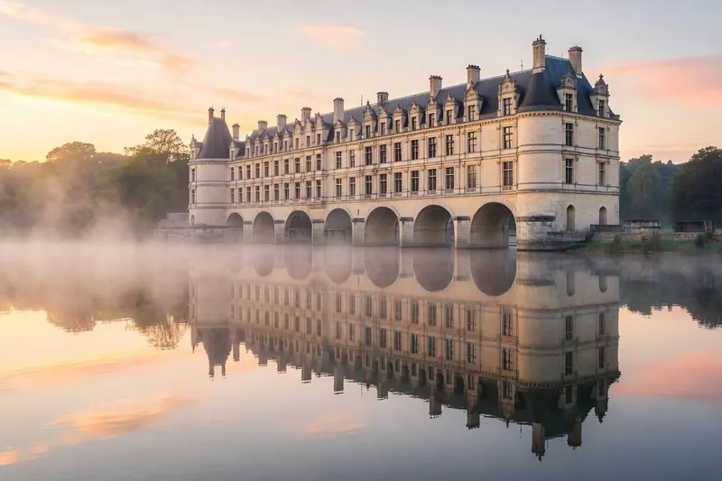 Galerie sur le Cher de Chenonceau au lever du jour, reflets sur l'eau