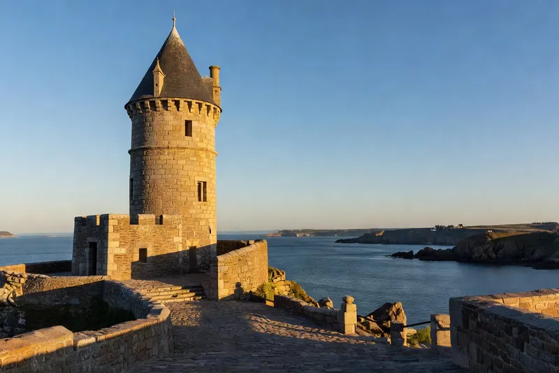 Tour dorée de Camaret-sur-Mer, presqu'île de Crozon, lumière rasante du soir sur le sillon