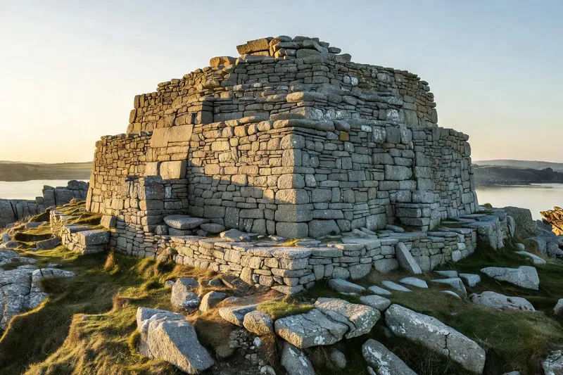 Cairn de Barnenez en lumière rasante : long monument à degrés en pierres sèches dominant la baie de Morlaix