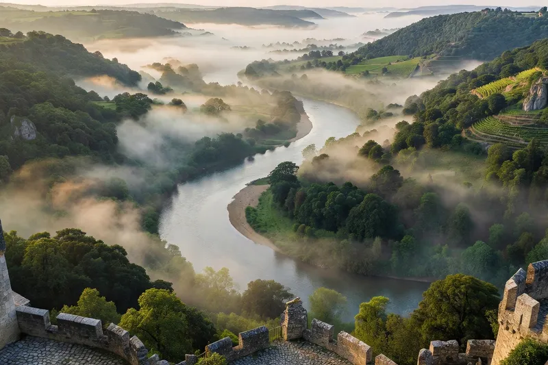 Vue plongeante depuis la bastide de Domme sur le cingle de la Dordogne, brume matinale dans la vallée